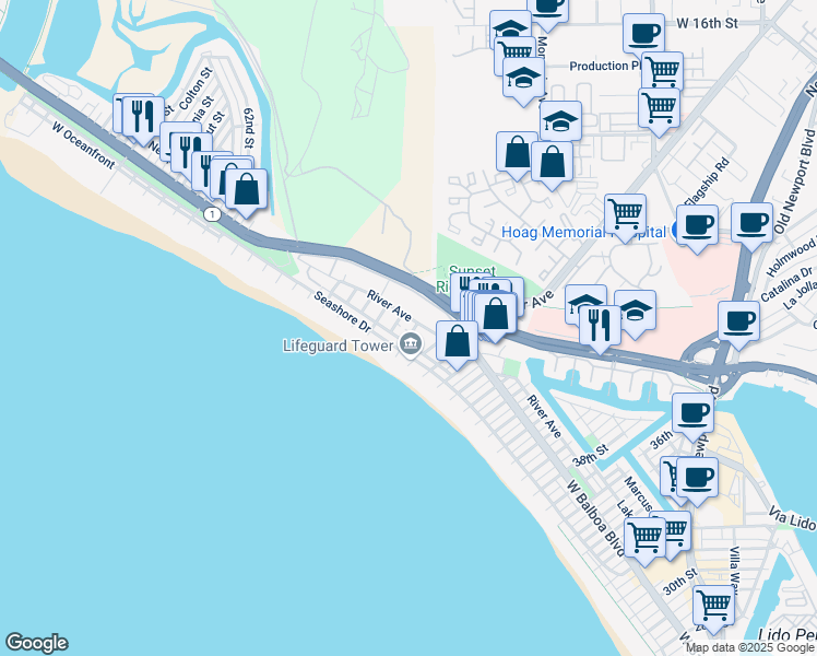 map of restaurants, bars, coffee shops, grocery stores, and more near 4907 River Avenue in Newport Beach