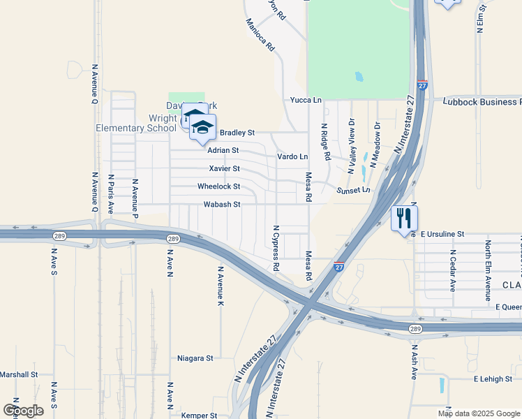 map of restaurants, bars, coffee shops, grocery stores, and more near 901-999 Wabash Street in Lubbock
