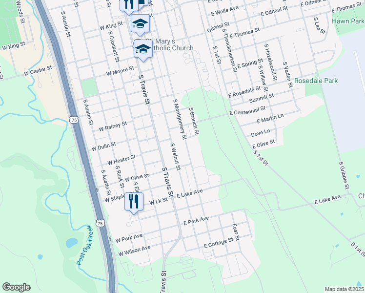 map of restaurants, bars, coffee shops, grocery stores, and more near 1408 S Montgomery St in Sherman
