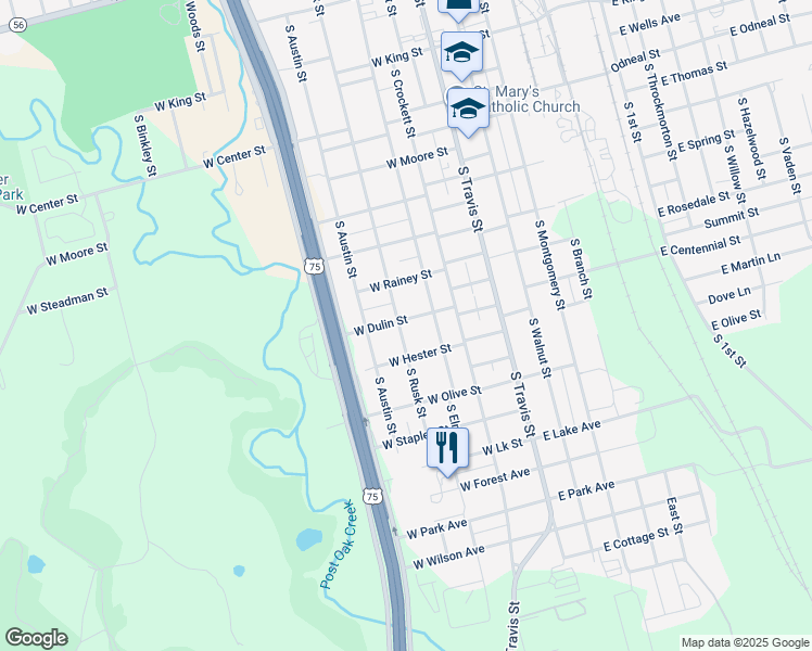map of restaurants, bars, coffee shops, grocery stores, and more near 324 West Dulin Street in Sherman