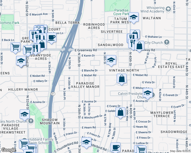 map of restaurants, bars, coffee shops, grocery stores, and more near 14845 North 37th Place in Phoenix