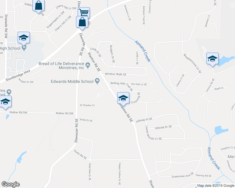 map of restaurants, bars, coffee shops, grocery stores, and more near 2630 Rolling Hills Way Southeast in Conyers