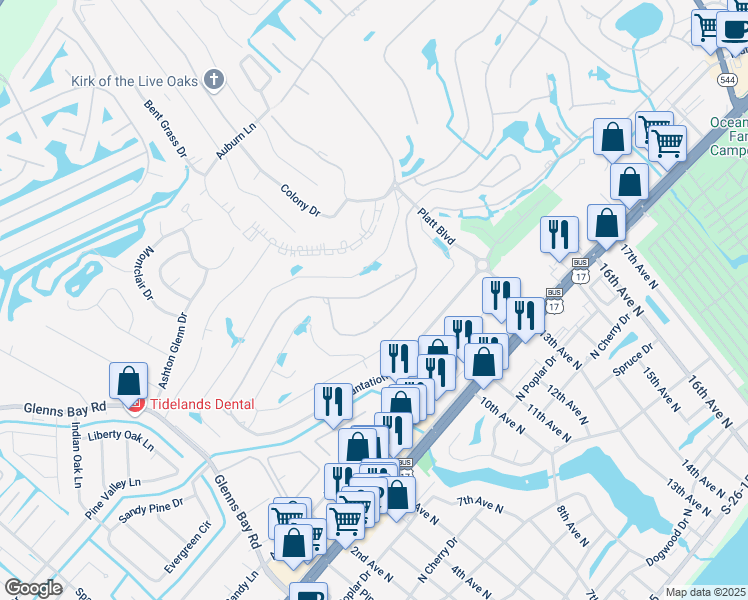 map of restaurants, bars, coffee shops, grocery stores, and more near 1114 Plantation Drive in Myrtle Beach