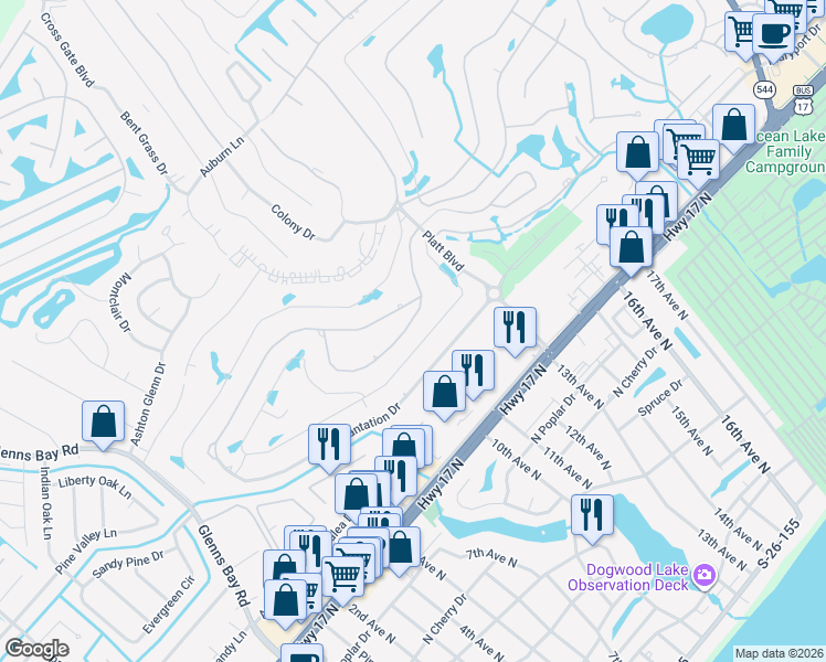map of restaurants, bars, coffee shops, grocery stores, and more near 586 Circle Drive in Myrtle Beach