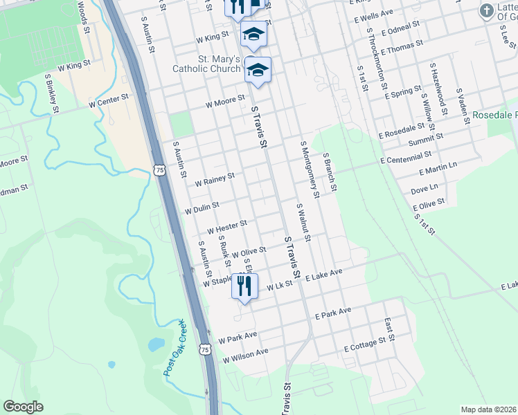 map of restaurants, bars, coffee shops, grocery stores, and more near 1323 South Crockett Street in Sherman
