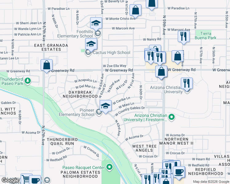 map of restaurants, bars, coffee shops, grocery stores, and more near 15210 North 61st Drive in Glendale