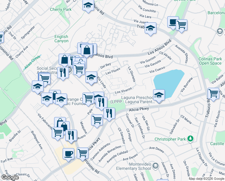 map of restaurants, bars, coffee shops, grocery stores, and more near 26192 Sanz in Mission Viejo