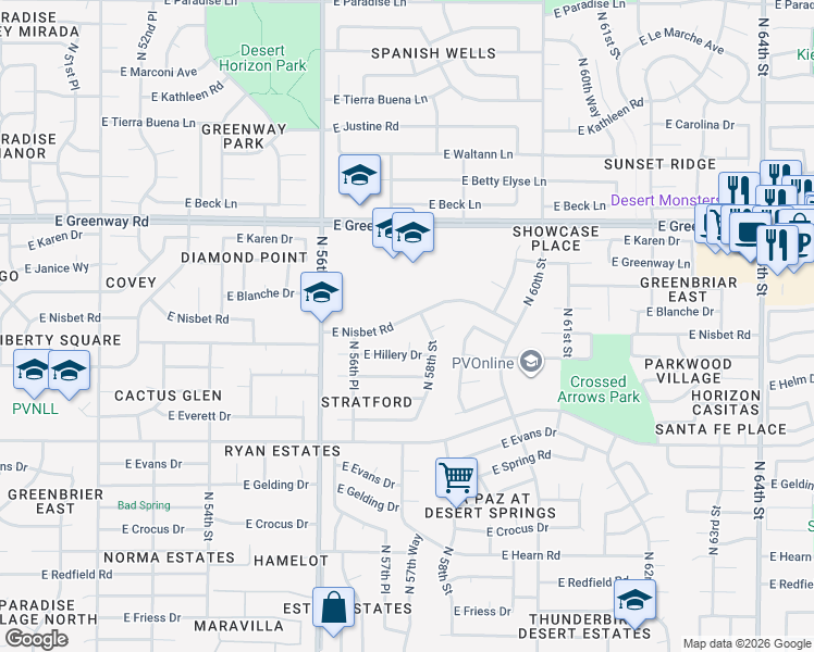 map of restaurants, bars, coffee shops, grocery stores, and more near 5725 East Nisbet Road in Scottsdale