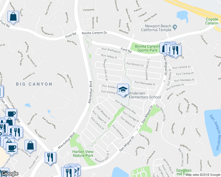 map of restaurants, bars, coffee shops, grocery stores, and more near 1807 Port Ashley Place in Newport Beach