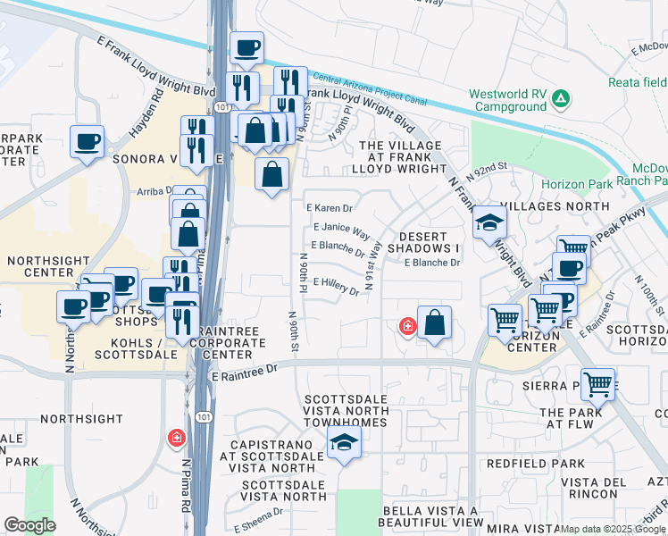 map of restaurants, bars, coffee shops, grocery stores, and more near 9069 East Pine Valley Road in Scottsdale