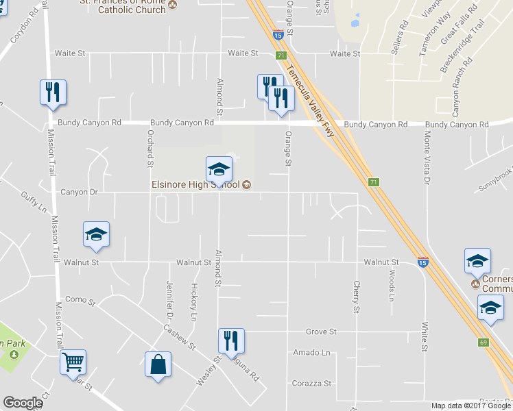 map of restaurants, bars, coffee shops, grocery stores, and more near 21903 Canyon Drive in Wildomar