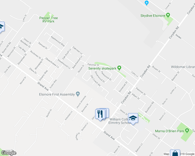 map of restaurants, bars, coffee shops, grocery stores, and more near 19815 Silverwood Dr in Lake Elsinore