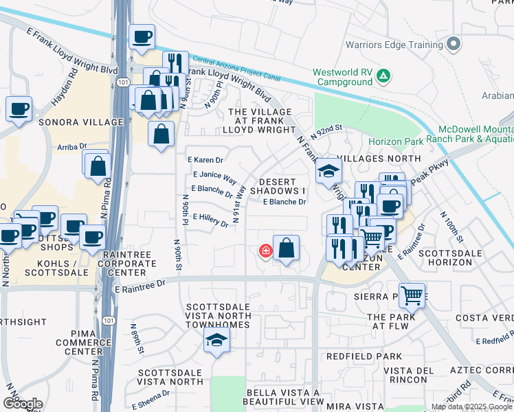 map of restaurants, bars, coffee shops, grocery stores, and more near 9217 East Blanche Drive in Scottsdale