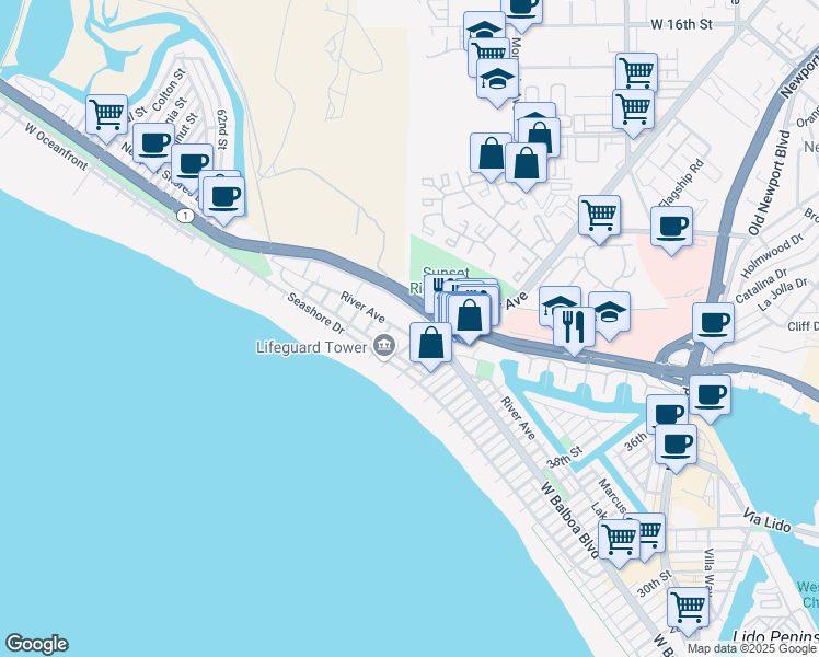 map of restaurants, bars, coffee shops, grocery stores, and more near 4816 River Avenue in Newport Beach