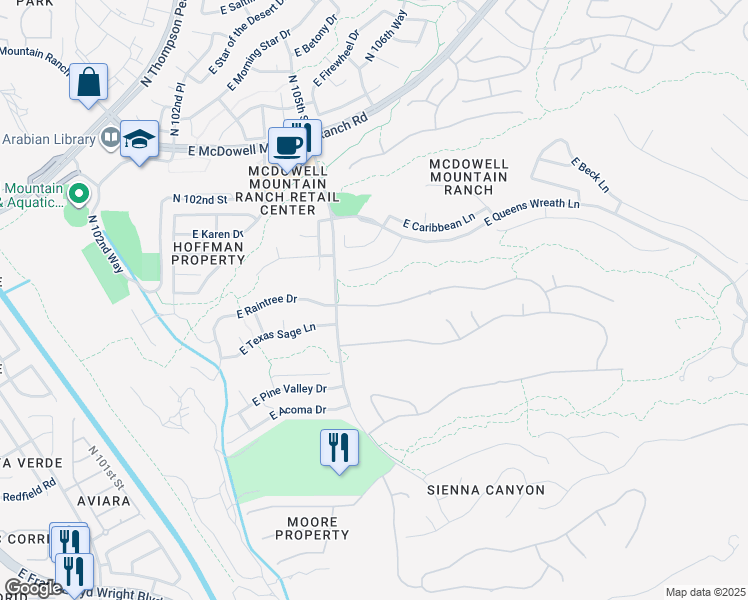map of restaurants, bars, coffee shops, grocery stores, and more near 10606 East Raintree Drive in Scottsdale