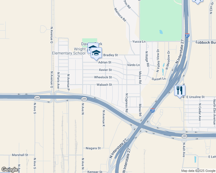 map of restaurants, bars, coffee shops, grocery stores, and more near 1001-1399 Wabash Street in Lubbock