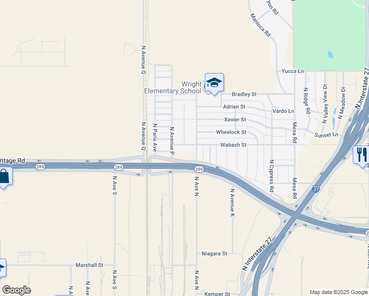 map of restaurants, bars, coffee shops, grocery stores, and more near 1503 Wabash Street in Lubbock