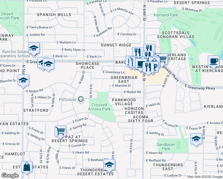 map of restaurants, bars, coffee shops, grocery stores, and more near 15002 North 61st Way in Scottsdale