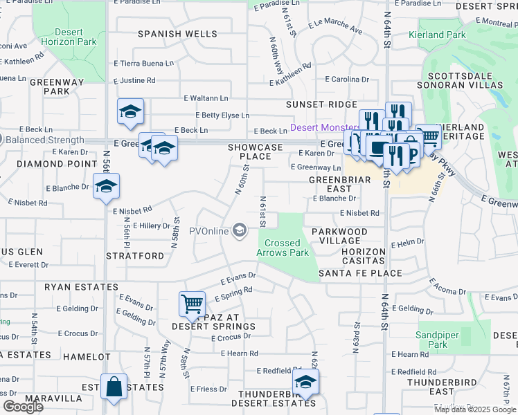 map of restaurants, bars, coffee shops, grocery stores, and more near 6054 East Nisbet Road in Scottsdale