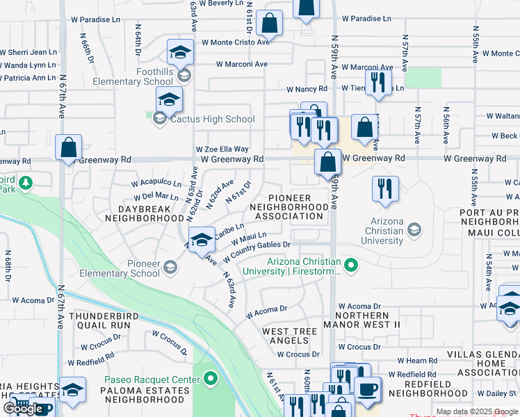 map of restaurants, bars, coffee shops, grocery stores, and more near 15201 North 61st Avenue in Glendale