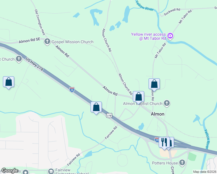 map of restaurants, bars, coffee shops, grocery stores, and more near 426 Almon Road in Covington