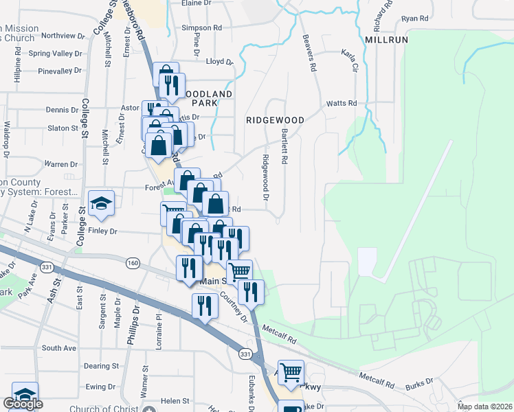 map of restaurants, bars, coffee shops, grocery stores, and more near 4909 Bartlett Road in Forest Park