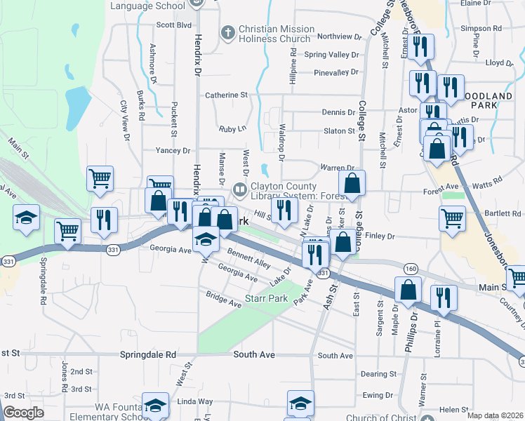 map of restaurants, bars, coffee shops, grocery stores, and more near 730 Hill Street in Forest Park