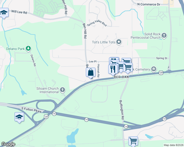 map of restaurants, bars, coffee shops, grocery stores, and more near 4880 Ben Hill Road in College Park