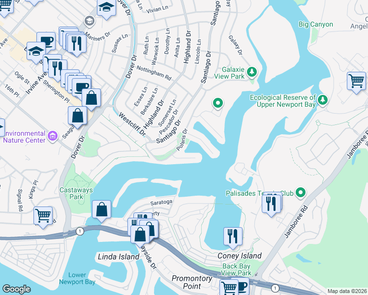 map of restaurants, bars, coffee shops, grocery stores, and more near 1100 Polaris Drive in Newport Beach