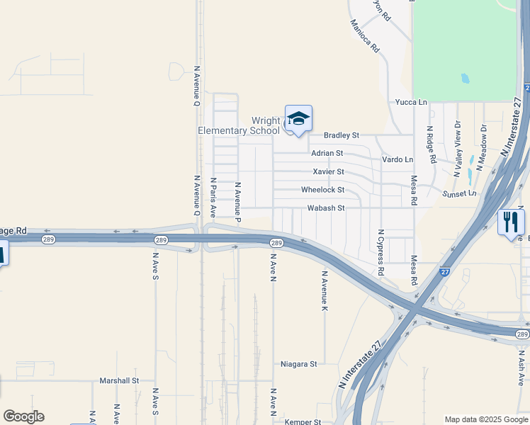 map of restaurants, bars, coffee shops, grocery stores, and more near 1503 Wabash Street in Lubbock