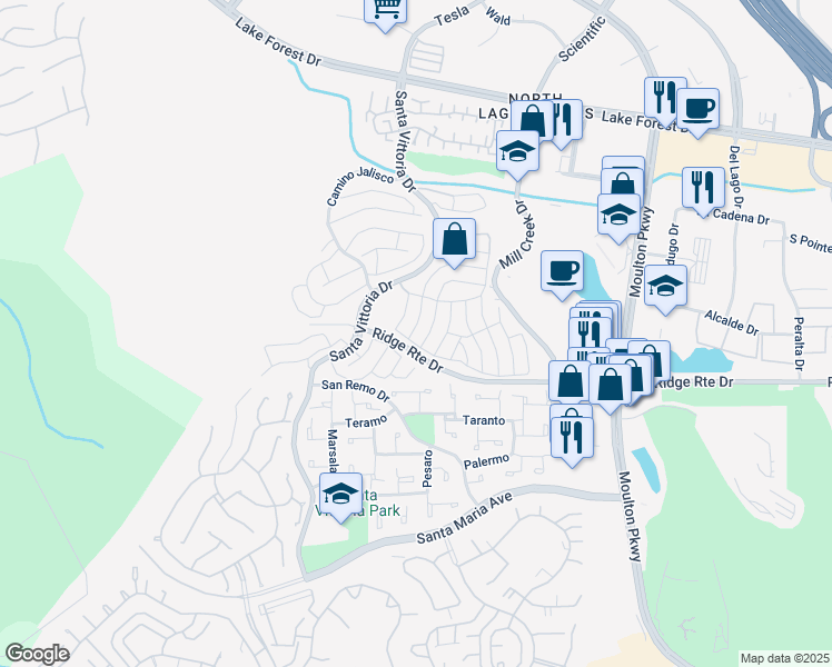 map of restaurants, bars, coffee shops, grocery stores, and more near 23396 Caminito Andreta in Laguna Hills