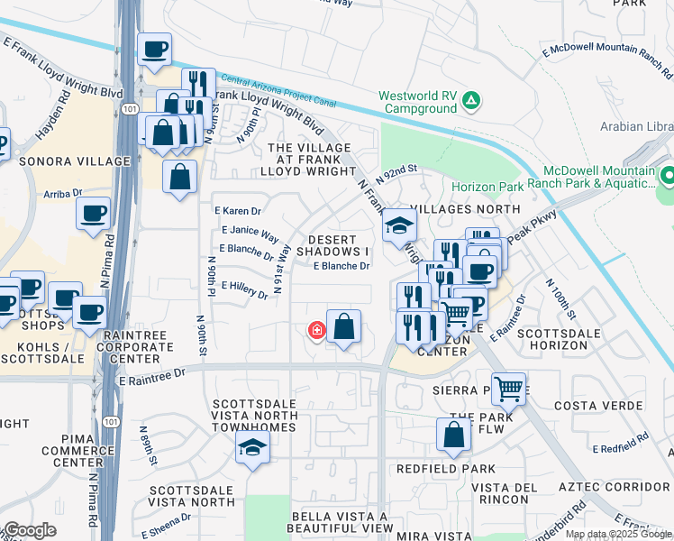 map of restaurants, bars, coffee shops, grocery stores, and more near 9289 East Blanche Drive in Scottsdale
