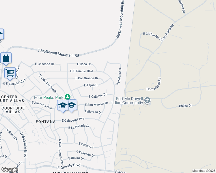 map of restaurants, bars, coffee shops, grocery stores, and more near 14823 North Bowstring Plaza in Fountain Hills