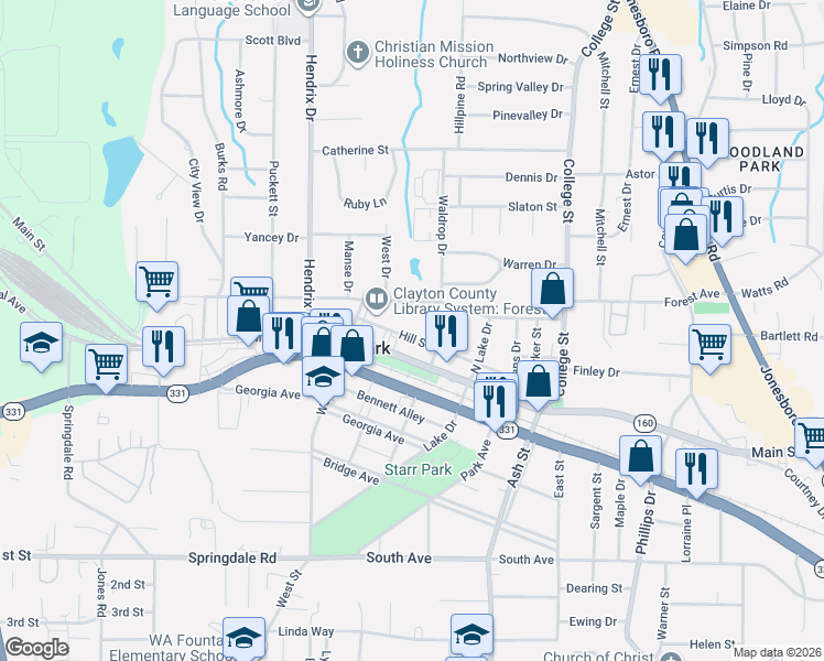 map of restaurants, bars, coffee shops, grocery stores, and more near 730 Hill Street in Forest Park