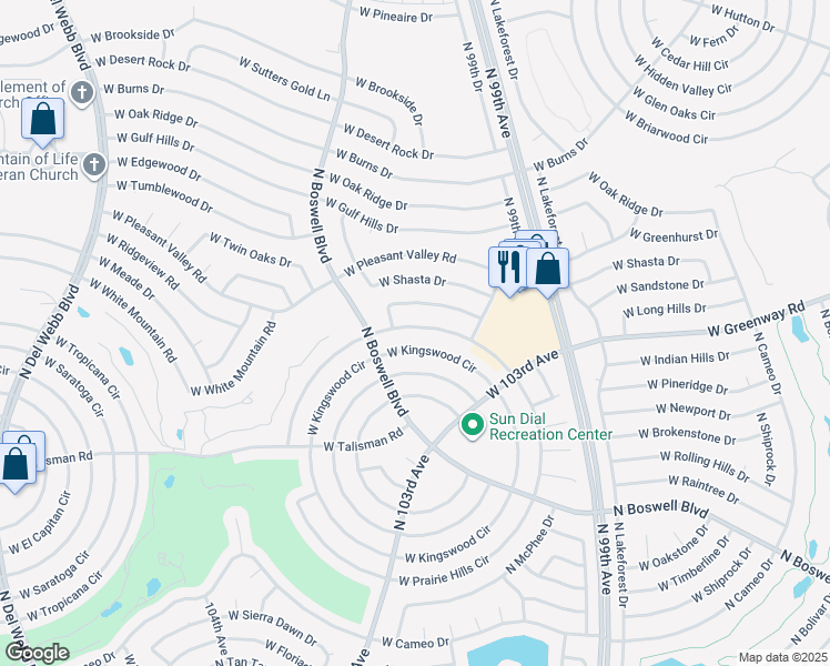 map of restaurants, bars, coffee shops, grocery stores, and more near 10343 West Prairie Hills Circle in Sun City