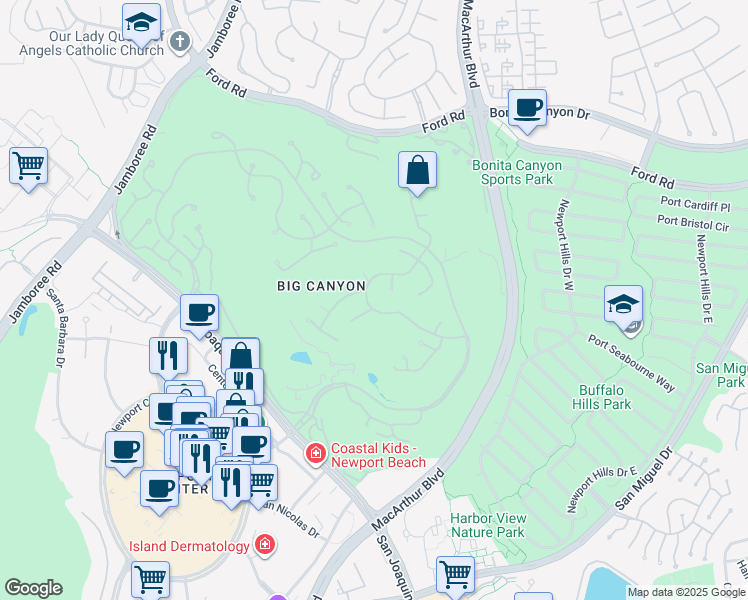 map of restaurants, bars, coffee shops, grocery stores, and more near 56 Royal Saint George Road in Newport Beach