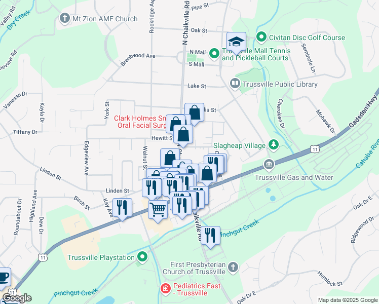 map of restaurants, bars, coffee shops, grocery stores, and more near 174 Vann Circle in Trussville