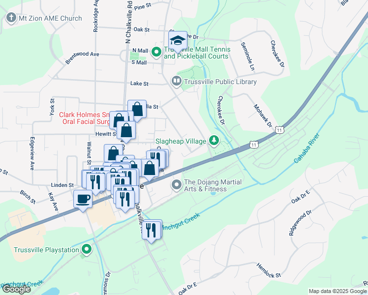 map of restaurants, bars, coffee shops, grocery stores, and more near 112 Meadow Lane in Trussville