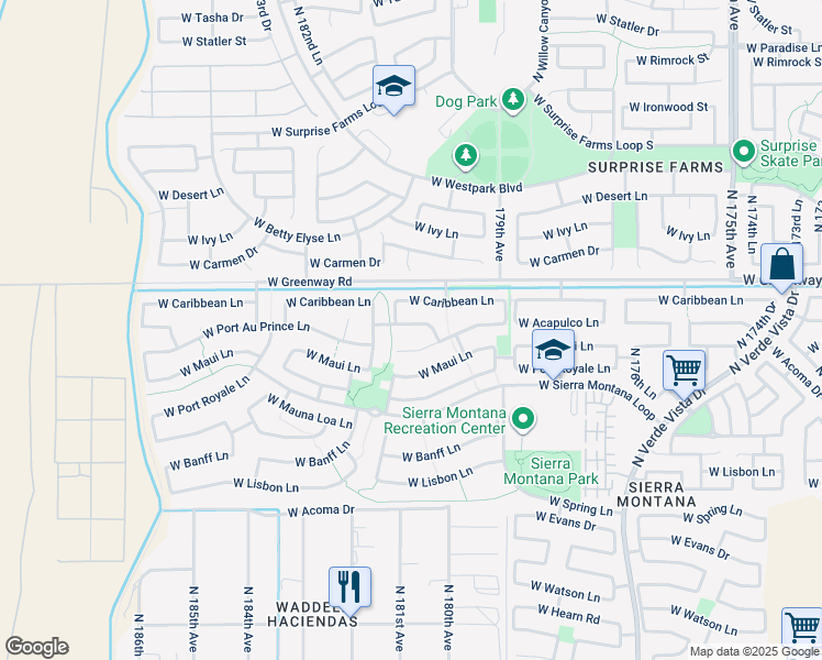 map of restaurants, bars, coffee shops, grocery stores, and more near 18051 West Acapulco Lane in Surprise