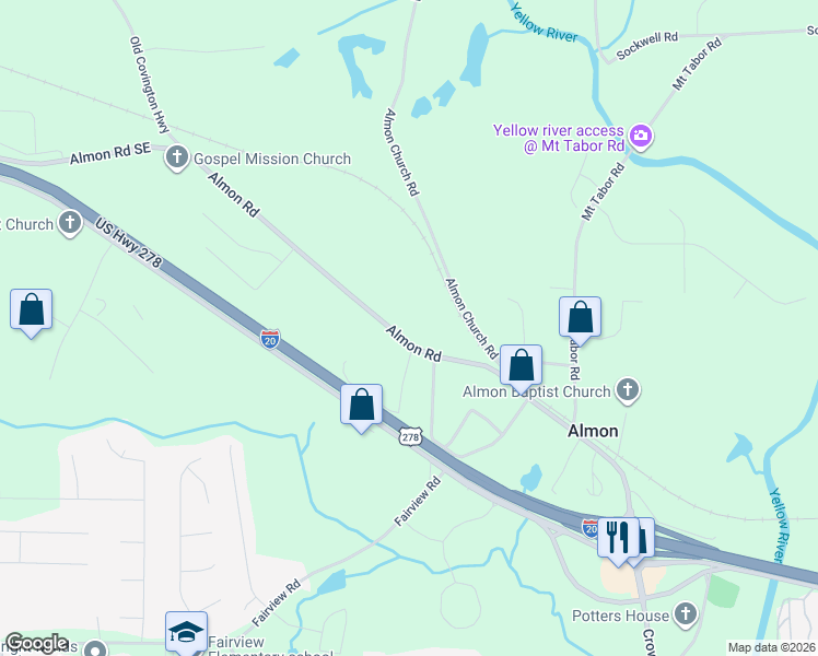 map of restaurants, bars, coffee shops, grocery stores, and more near 426 Almon Road in Covington