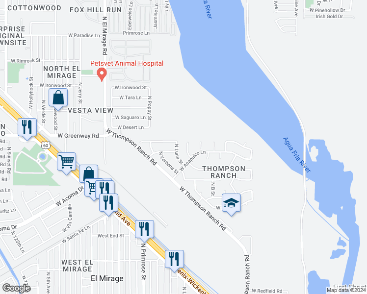 map of restaurants, bars, coffee shops, grocery stores, and more near 15208 North El Frio Court in El Mirage