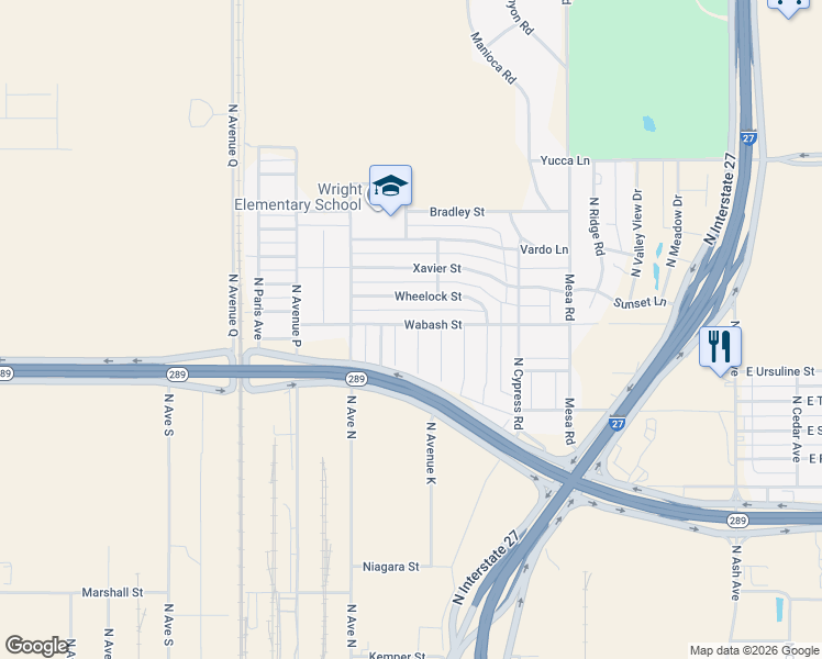 map of restaurants, bars, coffee shops, grocery stores, and more near 1001-1399 Wabash Street in Lubbock