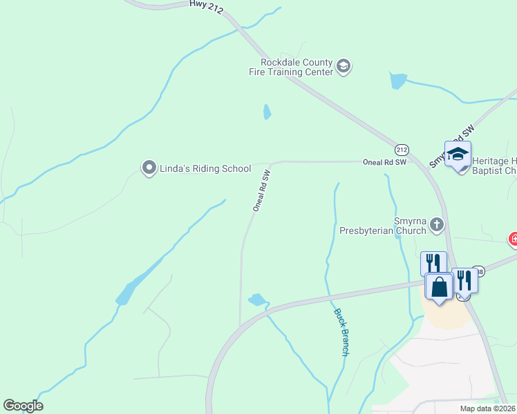 map of restaurants, bars, coffee shops, grocery stores, and more near 2525 Oneal Road Southwest in Conyers