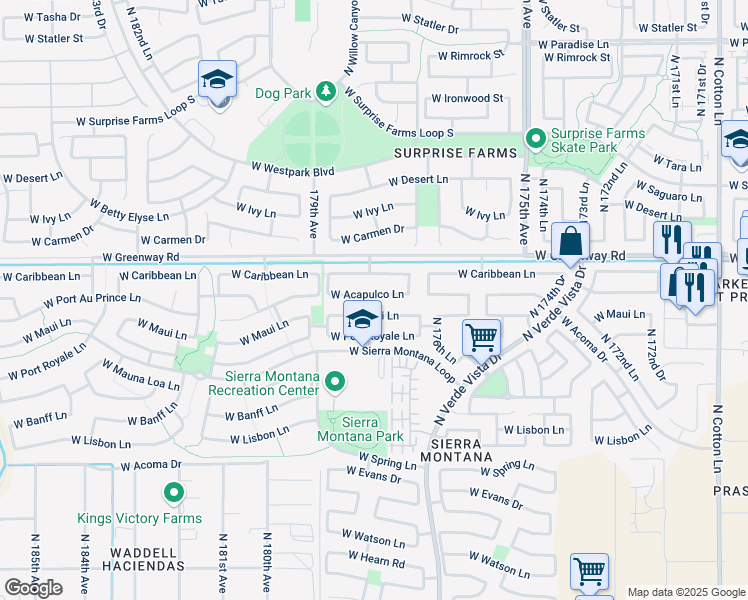 map of restaurants, bars, coffee shops, grocery stores, and more near 17769 West Acapulco Lane in Surprise