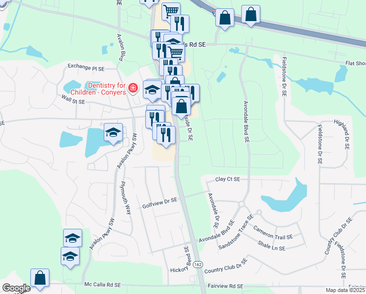 map of restaurants, bars, coffee shops, grocery stores, and more near 2590 Salem Road Southeast in Conyers