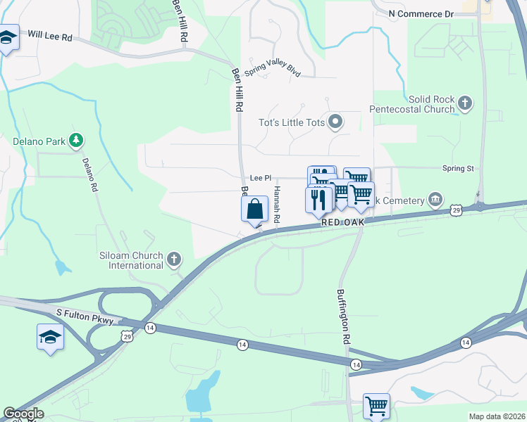 map of restaurants, bars, coffee shops, grocery stores, and more near 4880 Ben Hill Road in College Park