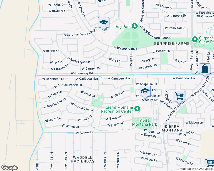 map of restaurants, bars, coffee shops, grocery stores, and more near 18051 West Acapulco Lane in Surprise