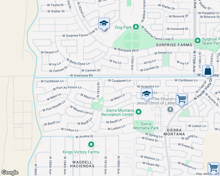 map of restaurants, bars, coffee shops, grocery stores, and more near 18045 West Acapulco Lane in Surprise
