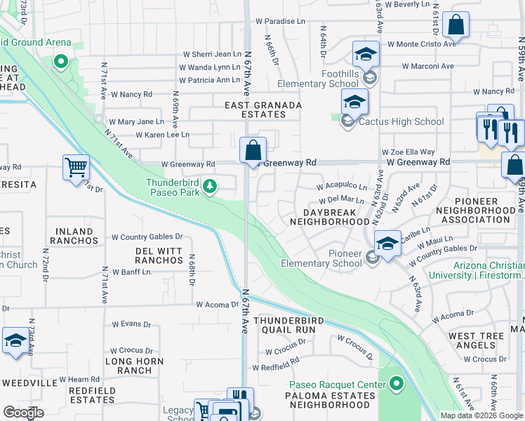 map of restaurants, bars, coffee shops, grocery stores, and more near 6671 West Port Au Prince Lane in Glendale