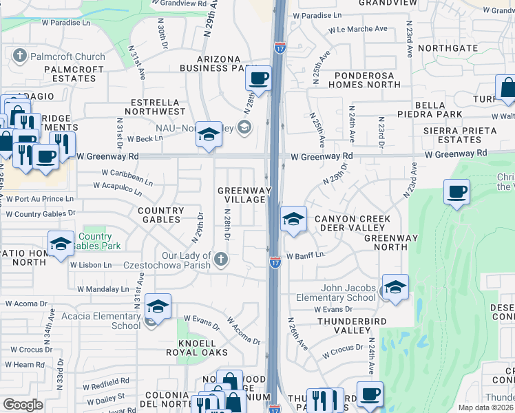 map of restaurants, bars, coffee shops, grocery stores, and more near 15025 North 27th Drive in Phoenix
